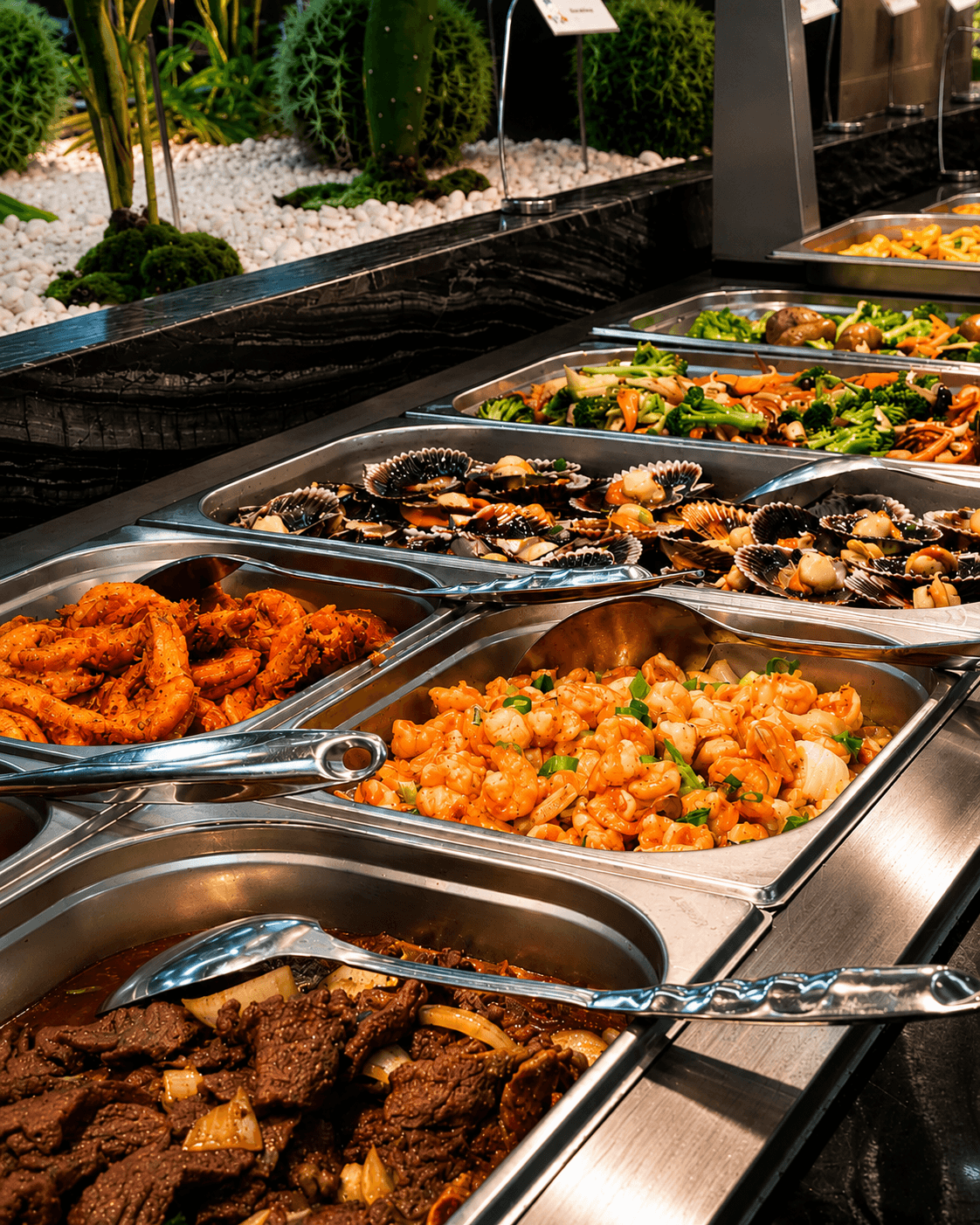 Buffet de pratos quentes com carne, camarão, marisco e legumes